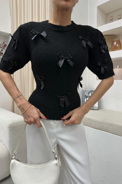 Telablanka Bow Detailed Short Sleeve Sweater _Black