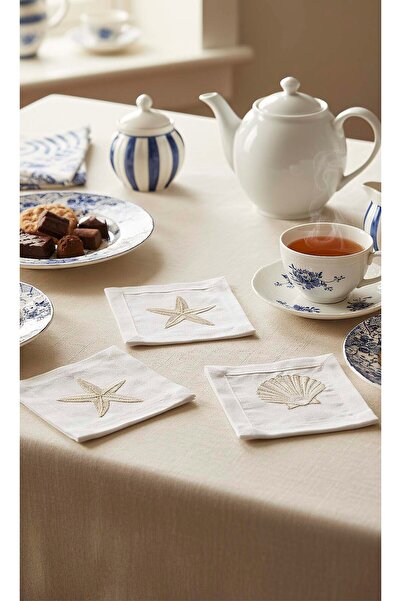 Rivaİstanbul Marine Embroidered Set of 6 Presentation Napkins, Cocktail Napkins, Coffee Side Presentation Napkins, Coasters