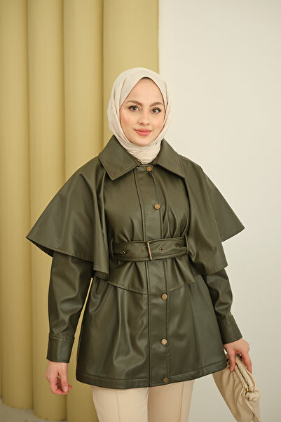 LOCCO Women's Cape Detail Belted Leather Trench Khaki Green