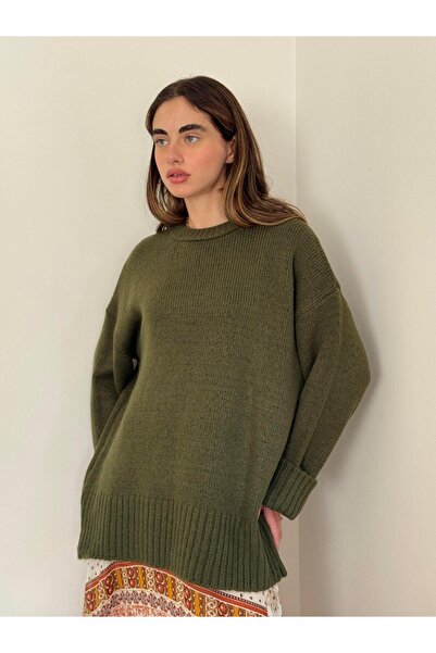 Retrobird Pinterest Oversized Basic Sweater Women's Khaki
