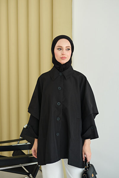 LOCCO Women's Cape Sleeve Short Trench Black