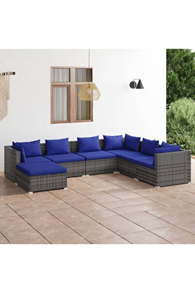 vidaxl طقم أثاث حديقة مكون من 7 قطع مع وسائد من الروطان الصناعي باللون الرمادي