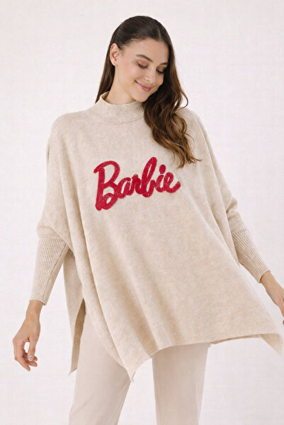MISSRUBA Kadın Krem Yırtmaçlı Barbie Triko Panço - BP0001
