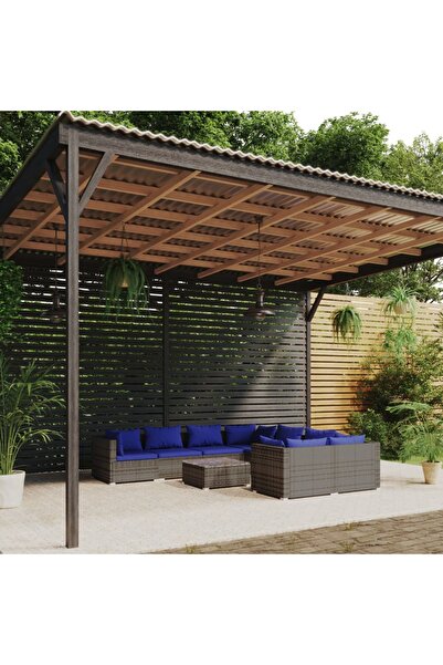 vidaxl طقم أثاث حديقة مكون من 9 قطع مع وسائد من الروطان الصناعي باللون الرمادي