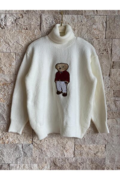Hatun Atila Hatunatila Teddy Bear Patterned Apike Embroidered Turtleneck Sweater Ecru 2418