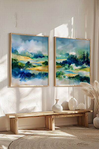 STARYUNA Set de pictură dublă cu efect de acuarelă cu cadru din lemn, peisaj ...