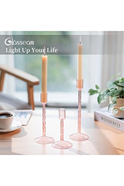 Glasseam Set 3 Suporturi sfeșnice înalte, conice, din cristal roz Glasseam. Decor modern de masă.