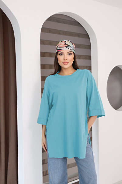 MOVİMENT Women's Standard Size Double Sleeve Side Slit Blue T-Shirt