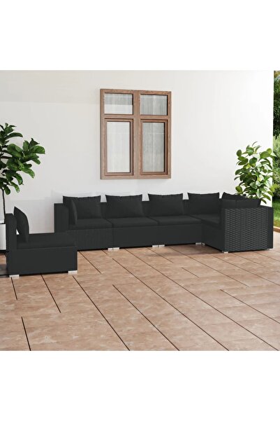 vidaxl طقم أريكة حديقة مكون من 6 قطع مع وسائد من البولي راتان باللون الأسود