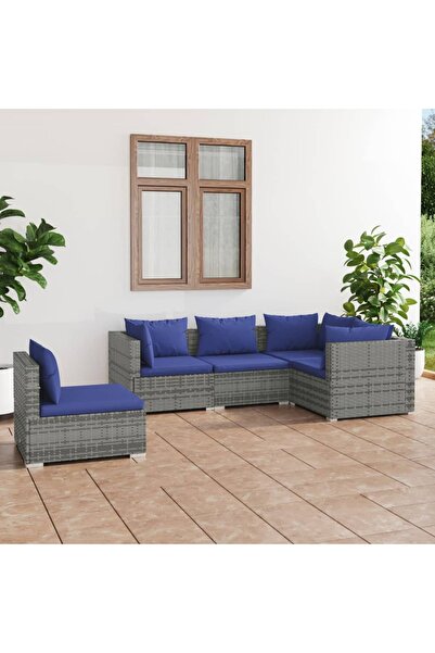 vidaxl طقم أثاث حديقة مكون من 5 قطع مع وسائد من البولي روطان رمادي