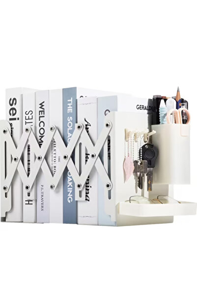 Sumkyle Adjustable Bookends, Metal Book Ends 2 Dividers Bookends with Removable Pen Holder Tray 3 Hook up