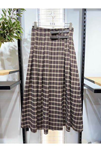 Mzr Collection KADIN ÇİFT KEMER DETAYLI YIRTMAÇLI CEPLİ YÜN ETEK