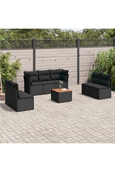 vidaxl طقم كنب حديقة مكون من 8 قطع مع وسائد، مصنوع من خشب الروطان الصناعي الأسود