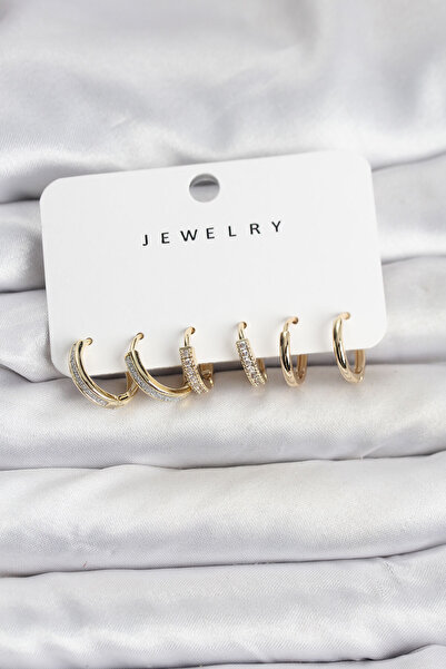 STİLLOVE Zircon Stone Gold Color Brass Women's Earring Set
