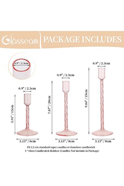Glasseam Set 3 Suporturi sfeșnice înalte, conice, din cristal roz Glasseam. Decor modern de masă.