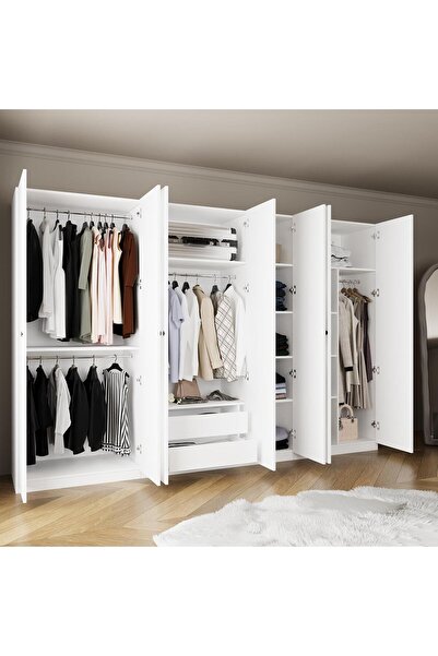 Bimossa KF2040 GOSS 315 cm Beyaz 7 Kapaklı Gardırop, 4 Askılı, Raflı,2 Yüklük...