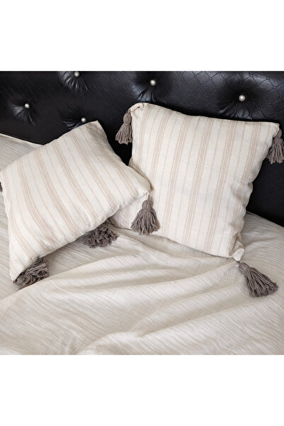 Kubra hobim Bohem el yapımı 50 x 50 yatak başı yastığı çizgili keten bej