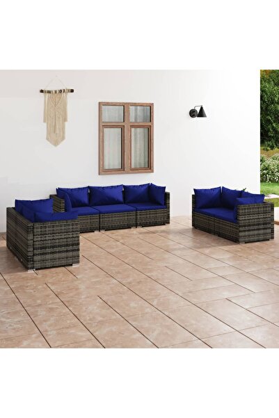 vidaxl طقم أثاث حديقة مكون من 7 قطع مع وسائد من الروطان الصناعي باللون الرمادي