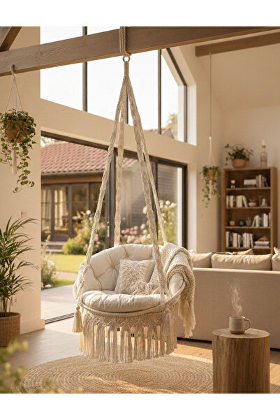 Morvia Elera Makrome Salıncak – Minderli | 80 cm | 170 KG Taşıma Kapasiteli |...