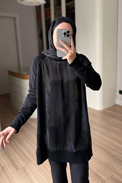 Ka Hijab Patterned High Neck Mercerized Tunic with Side Zipper - Black