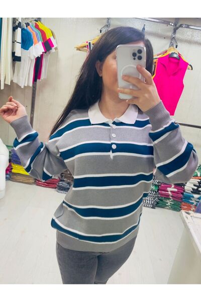 zeyoo collection ihb Women's Striped Polo Neck Sweater