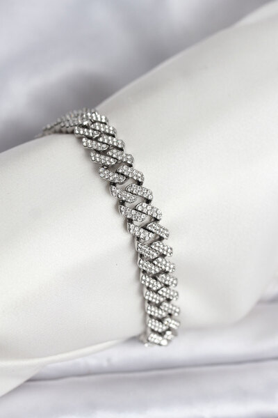 STİLLOVE Silver Color Brass Cuba Chain Gourmet Bracelet