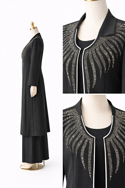 Nova luxe taş yapıştırma tesettür siyah elbise kaftan takım