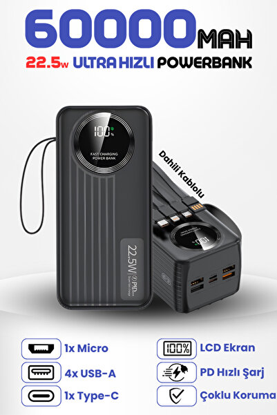 Enshall 60.000 Mah 22.5W Hızlı Şarj Destekli Forefo Dahili Kablolu Taşınabili...