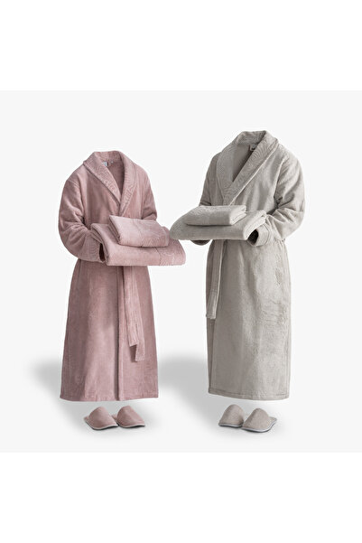 Green Black Fiorina Family Bathrobe Set 100% Cotton Jacquard Powder-Beige M/L