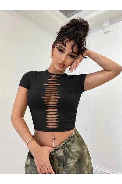 Afri Black Fitted Crop T-Shirt with Ripped Detail on the Front
