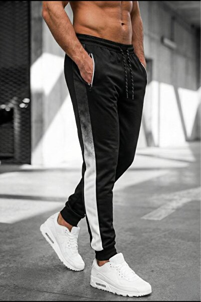 since 1990 man Manperni Men's Black Slim Fit Gradient Striped Zipper Pocket Jogger Sweatpants