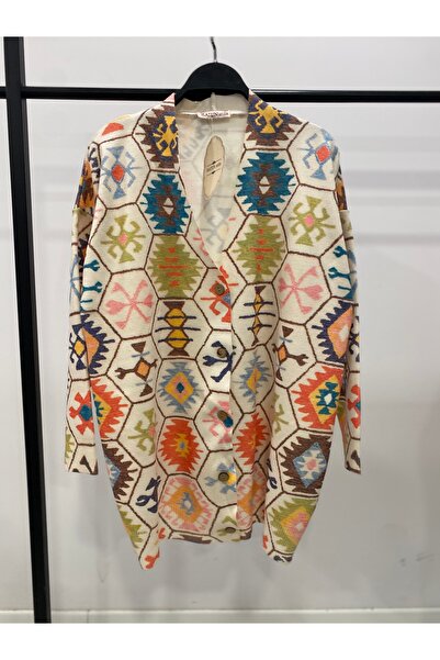 Hatun Atila Digital Printed Patterned V-Neck Buttoned Transitional Knitwear L...