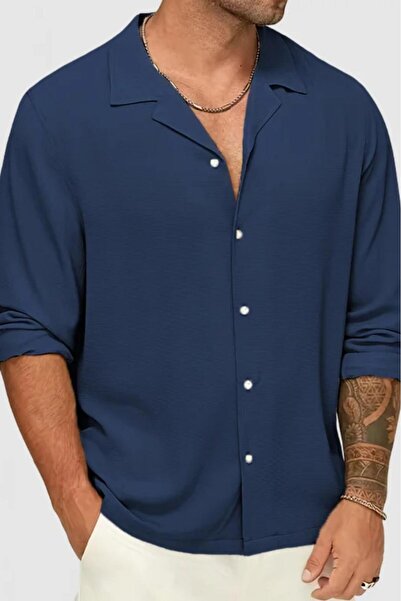 CAST COLLECTİON Men's Navy Blue Muslin Linen Shirt