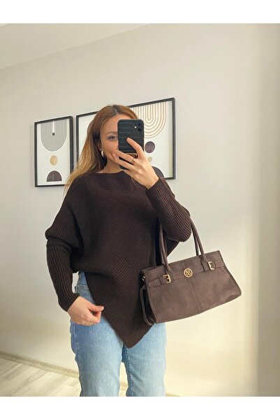 İNVİSUS Asymmetrical Cut Boat Neck Bat Sleeve Knit Sweater