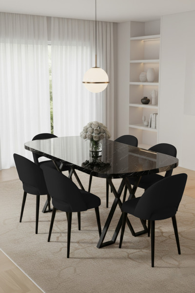 Canisa Arvon Serisi MDF 90x168 Sabit Siyah Mermer Desen Mutfak Masa Takımı 6 ...