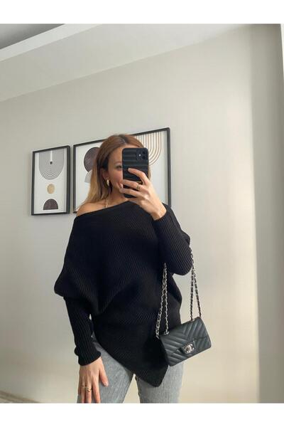 İNVİSUS Asymmetrical Cut Boat Neck Bat Sleeve Knit Sweater