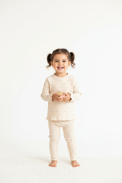 blumi kids طقم كاردي مطبوع حياكة مضلعة علوي وسفلي – بيج