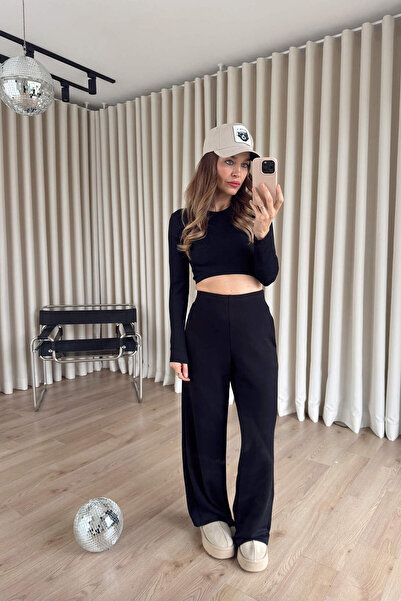 Sue Store Black Wide Leg High Waist Elastic Waistband Trousers