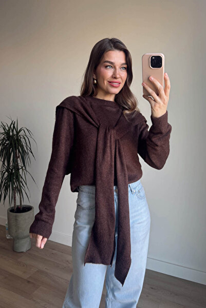 Sue Store Bitter Brown Shawl Detailed Knit Sweater