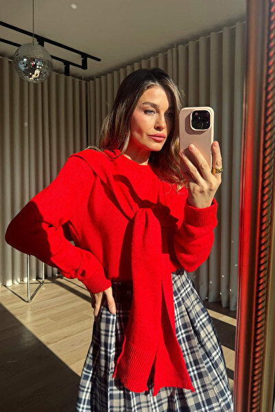 Sue Store Red Shawl Detailed Knitwear Sweater