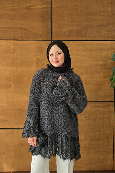 LOCCO Women's Lace Detail Plush Tunic Anthracite