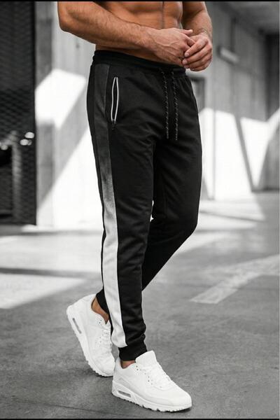 since 1990 man Manperni Men's Black Slim Fit Gradient Striped Zipper Pocket Jogger Sweatpants
