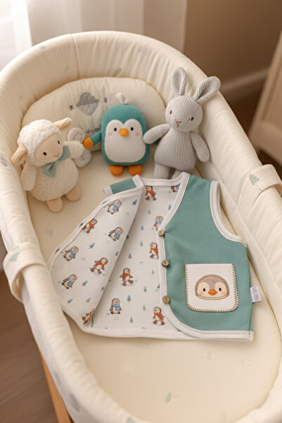 BABYLİM Happy Penguin Applique Pocket Lined Vest 100%Cotton