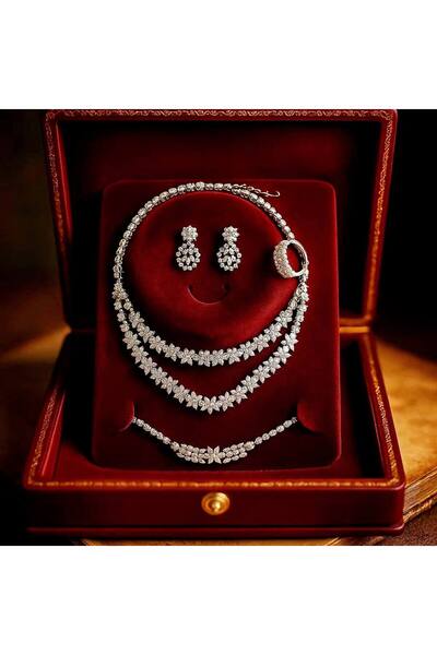 Luxiva Çiçek Desenli Zirkon Taşlı Gümüş Kaplama Lüks Kolye Küpe Bileklik Yüzü...