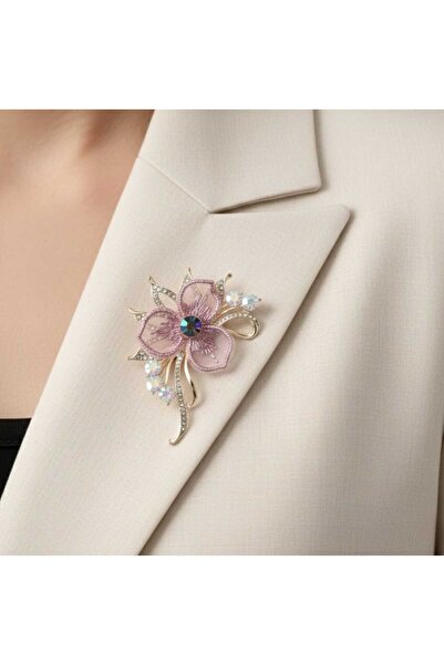 Daily Bazaar Gold Kaplama Kristal Taşlı Tül Detaylı Çiçek Broş