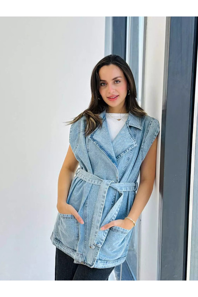 MissPul Kemerli Lüx Piremium Kalite cepli Kot Ceket Yelek Acık mavi