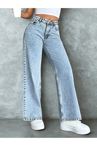 Modanewnice بنطلون جينز نسائي ذو خصر عالٍ واسع الساق باللون الأزرق الفاتح