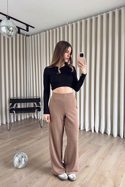 Sue Store Παντελόνι με ψηλόμεσο ελαστικό κορδόνι με φαρδύ πόδι από βιζόν