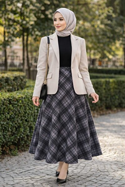 ECK MODA Women's Scuba Stretch Fabric Stretch Fabric Plaid Long Bell Skirt