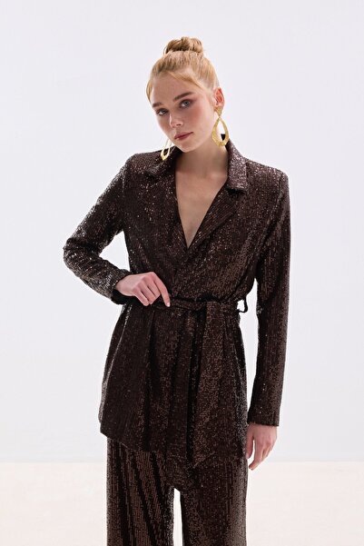 Sateen Belted Sequin Jacket - Brown